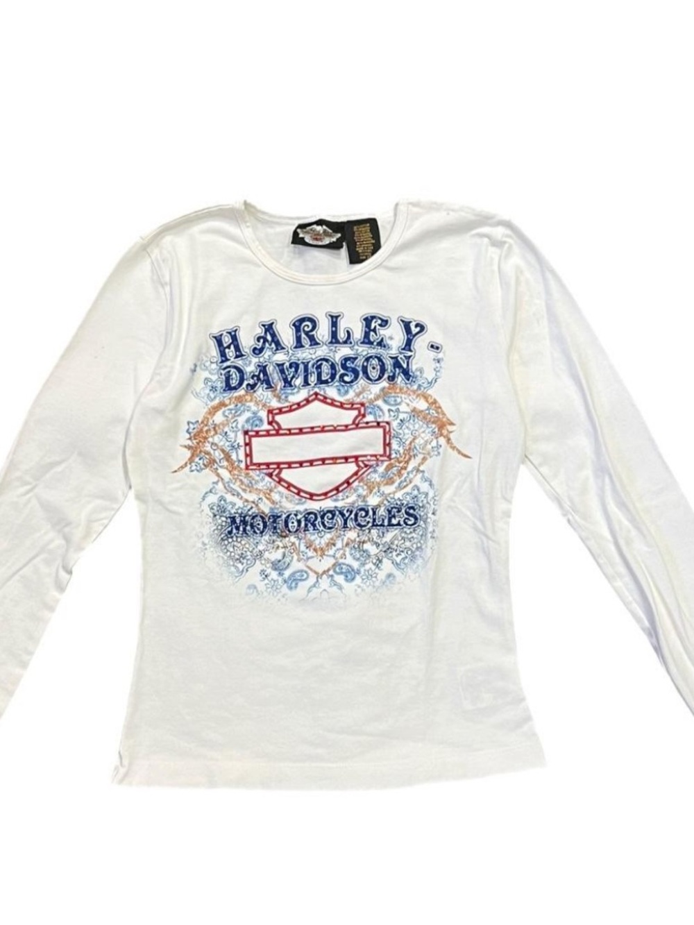 Harley-Davidson White Long Sleeve Tee with Blue and Red Graphic